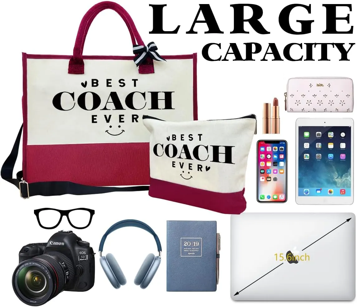 SUSZDOU Gifts for Best Coach Ever - Canvas Beach Tote Bag with Matching Makeup Pouch, Durable Travel Gym Camping Bag, Thank You Gift for Sports Coach, Female Trainers Gifts for Women A1