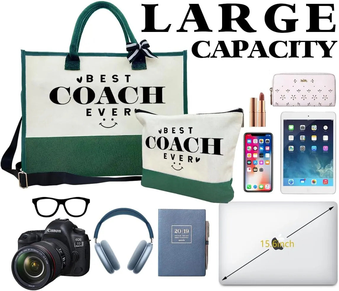 SUSZDOU Gifts for Best Coach Ever - Canvas Beach Tote Bag with Matching Makeup Pouch, Durable Travel Gym Camping Bag, Thank You Gift for Sports Coach, Female Trainers Gifts for Women B1