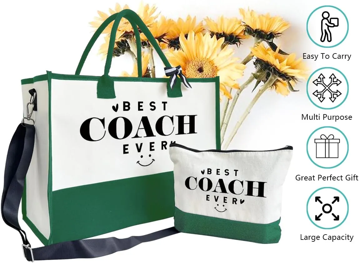 SUSZDOU Gifts for Best Coach Ever - Canvas Beach Tote Bag with Matching Makeup Pouch, Durable Travel Gym Camping Bag, Thank You Gift for Sports Coach, Female Trainers Gifts for Women B1
