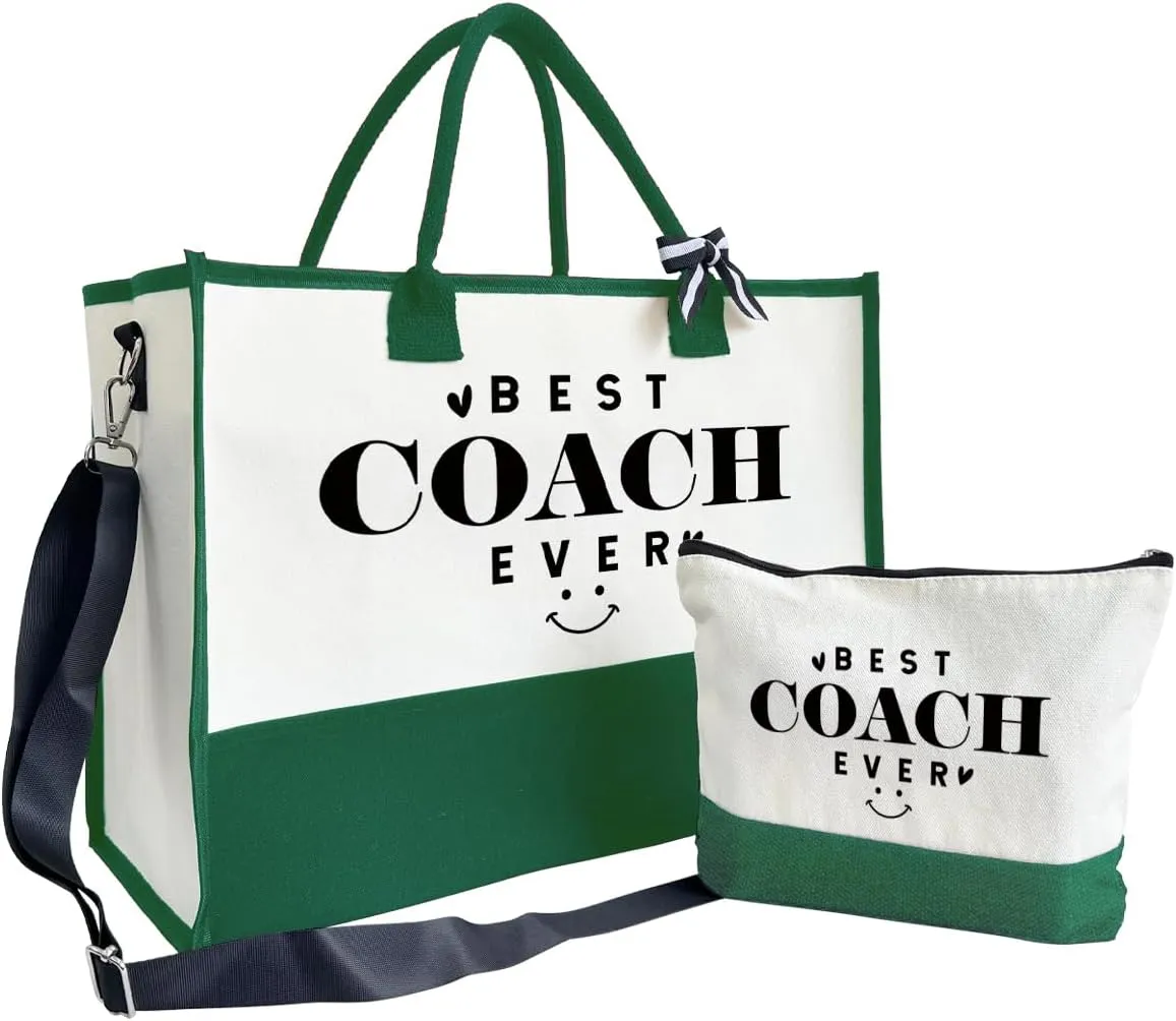 SUSZDOU Gifts for Best Coach Ever - Canvas Beach Tote Bag with Matching Makeup Pouch, Durable Travel Gym Camping Bag, Thank You Gift for Sports Coach, Female Trainers Gifts for Women B1