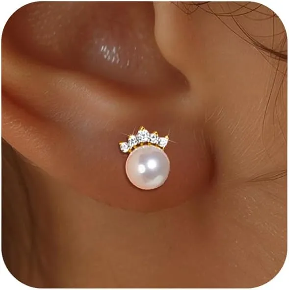 SUYACS 925 Sterling Silver Pearl Earrings for Women 14k Gold Plated Cute Crown CZ Crystal Simulated Stud Earring Dainty Shell Pearl Earring Bride Wedding Jewelry for Mom Wife Daughter