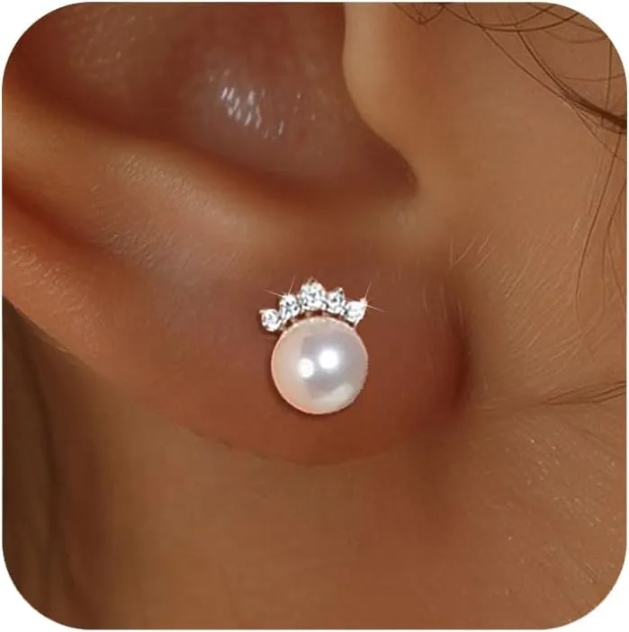 SUYACS 925 Sterling Silver Pearl Earrings for Women 14k Gold Plated Cute Crown CZ Crystal Simulated Stud Earring Dainty Shell Pearl Earring Bride Wedding Jewelry for Mom Wife Daughter
