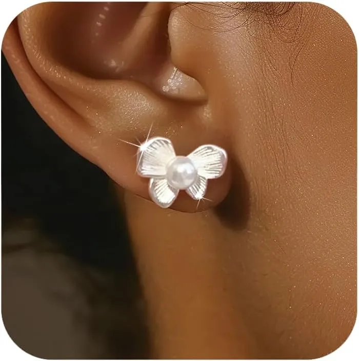SUYACS Pearl Flower Stud Earrings for Women 925 Sterling Silver Cute Floral Earring to Daughter Elegant Shell Pearl Earring Jewelry Bithday Wedding Valentines day Gifts for Wife Sister