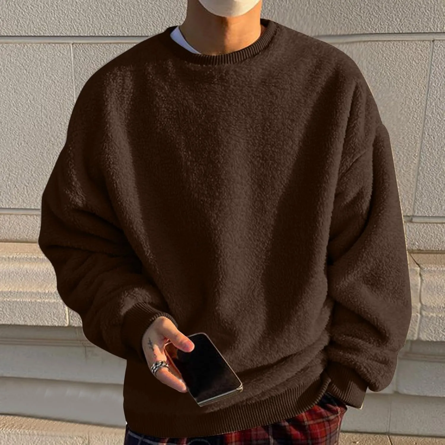 Sweatshirts for Men Long Sleeve Crew Neck Solid Color Casual Basic Warmth Pullover Soft Fall Winter Fleece Trendy Sweater Top
