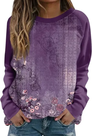 Sweatshirts for Women Crewneck Floral Print Vintage Tops Long Sleeve Casual Graphic Sweater Clothes
