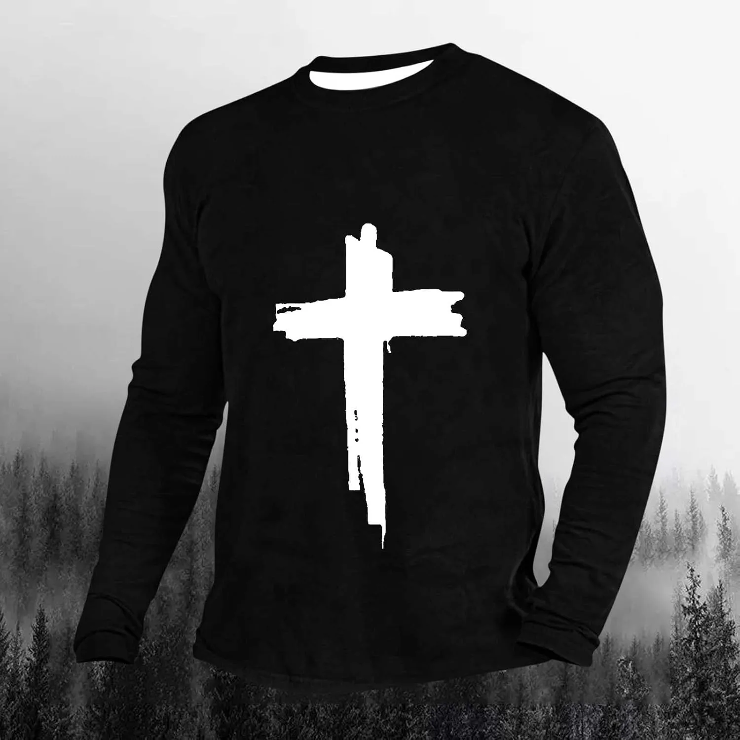 T-Shirts for Mens Jesus Cross Faith Casual Shirts Long Sleeve Crew Neck Christian Tops Comfy Soft Premium Blouses