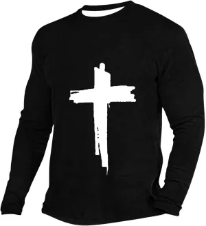 T-Shirts for Mens Jesus Cross Faith Casual Shirts Long Sleeve Crew Neck Christian Tops Comfy Soft Premium Blouses
