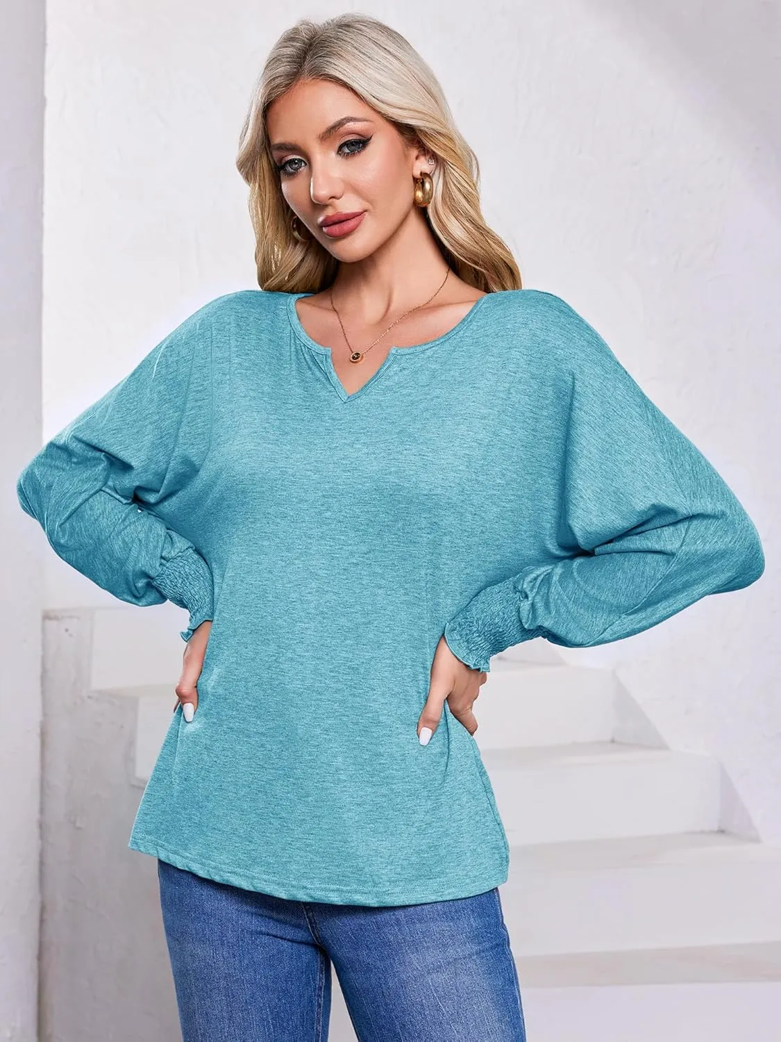 TAKEYAL Women's 2025 Fashion 3/4 Sleeve V Neck T-Shirts Cute Spring Summer Business Dressy Blouses Solid Basic Tee Tops