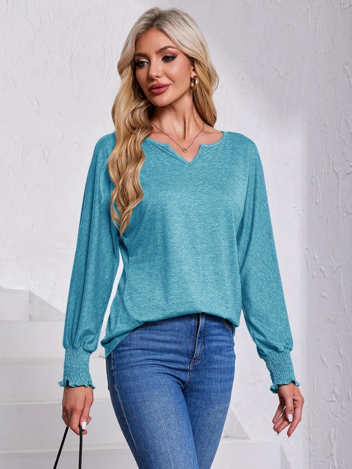 TAKEYAL Women's 2025 Fashion 3/4 Sleeve V Neck T-Shirts Cute Spring Summer Business Dressy Blouses Solid Basic Tee Tops