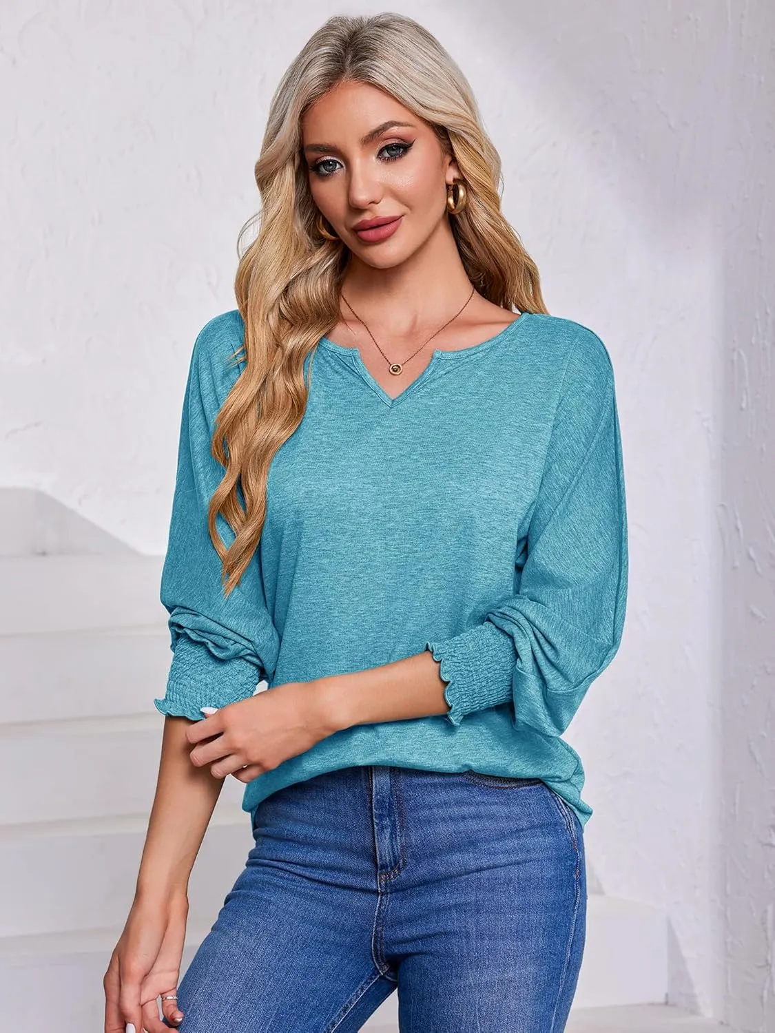 TAKEYAL Women's 2025 Fashion 3/4 Sleeve V Neck T-Shirts Cute Spring Summer Business Dressy Blouses Solid Basic Tee Tops