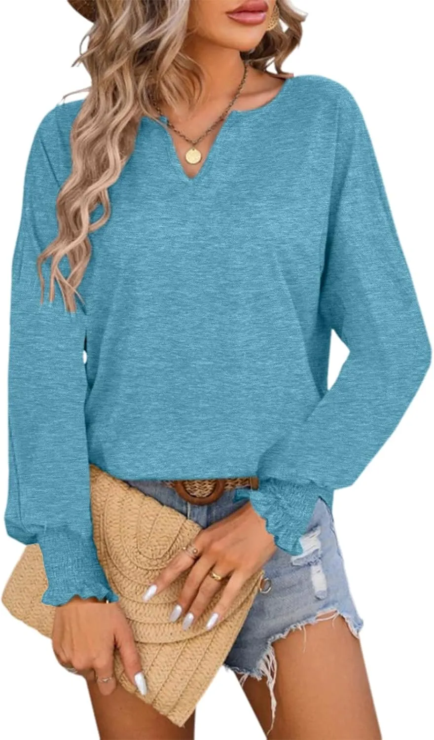 TAKEYAL Women's 2025 Fashion 3/4 Sleeve V Neck T-Shirts Cute Spring Summer Business Dressy Blouses Solid Basic Tee Tops