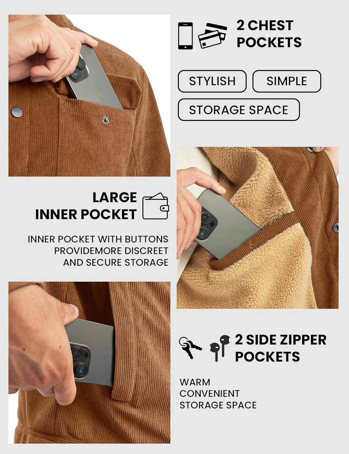 TBMPOY Men's Corduroy Jacket Sherpa Fleece Lined Jackets Warm Winter Trucker Work Casual Hiking Coat with 5 Pockets
