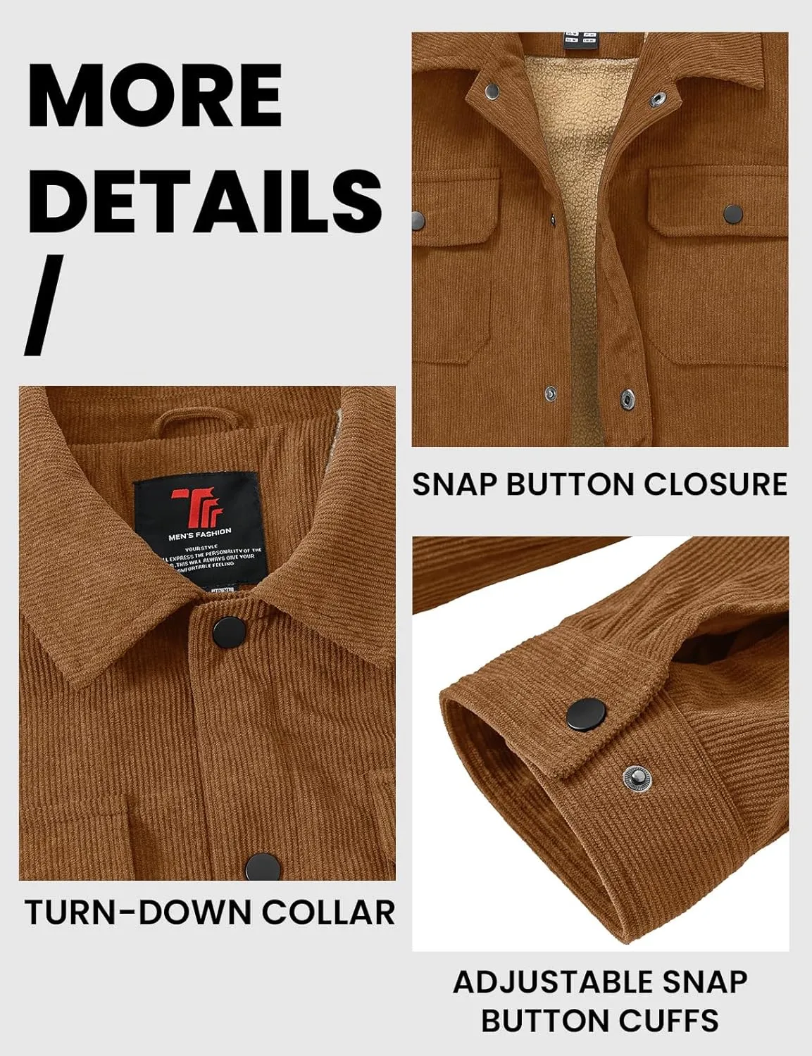 TBMPOY Men's Corduroy Jacket Sherpa Fleece Lined Jackets Warm Winter Trucker Work Casual Hiking Coat with 5 Pockets