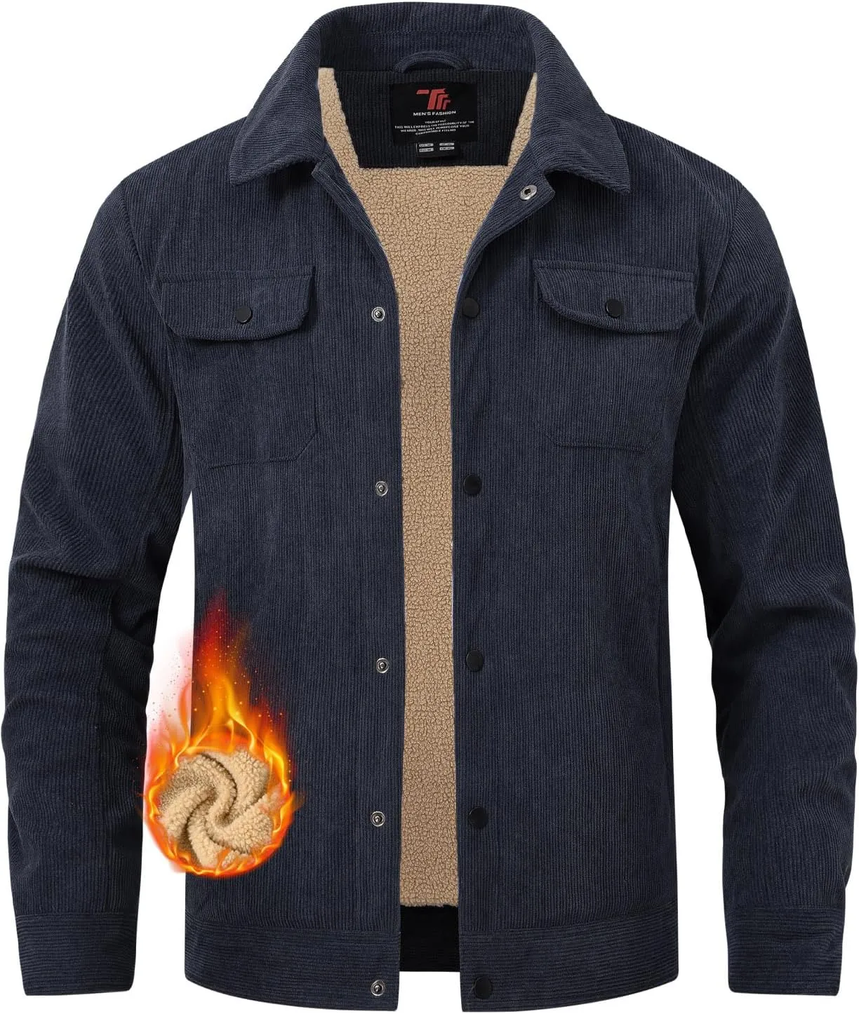 TBMPOY Men's Corduroy Jacket Sherpa Fleece Lined Jackets Warm Winter Trucker Work Casual Hiking Coat with 5 Pockets