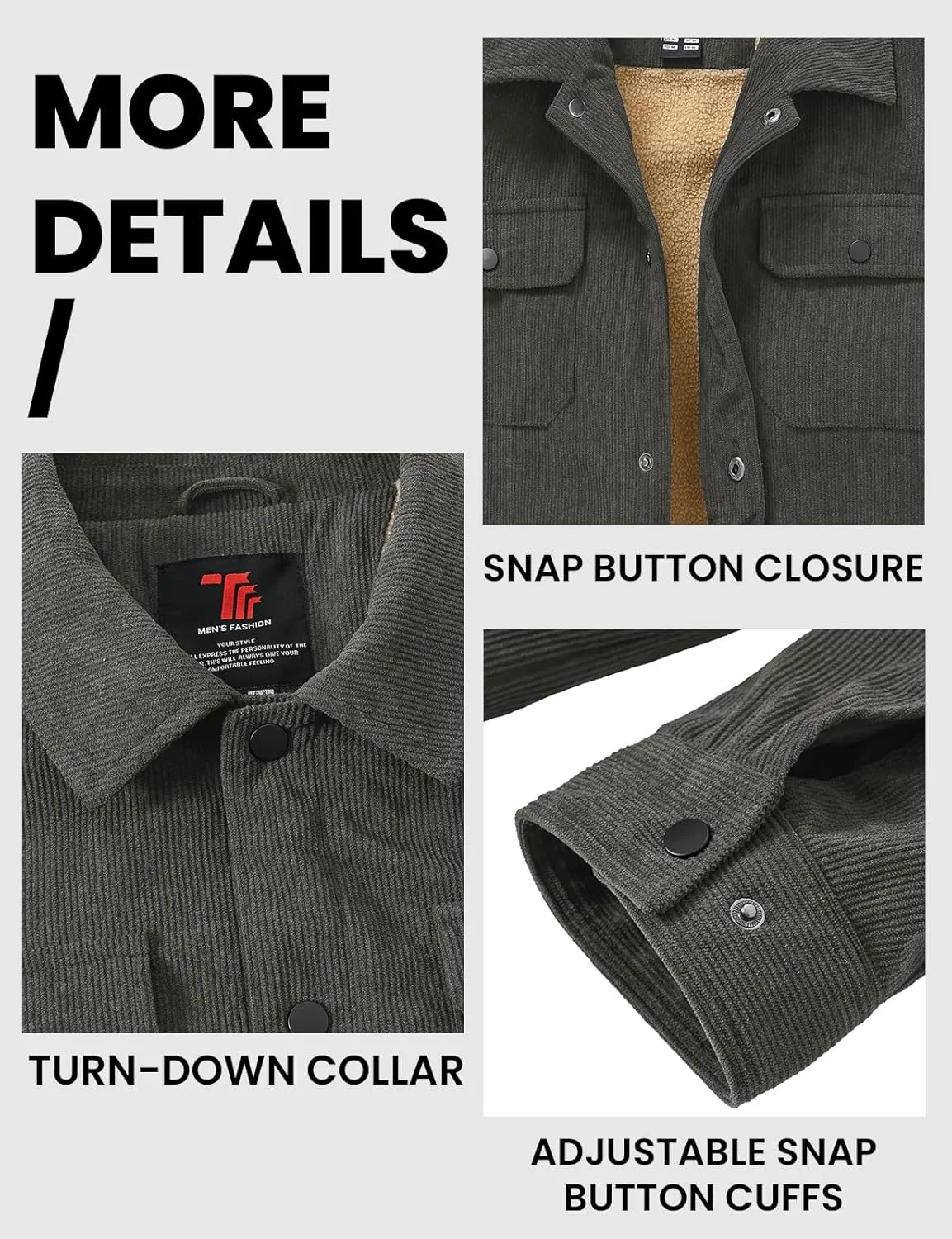 TBMPOY Men's Corduroy Jacket Sherpa Fleece Lined Jackets Warm Winter Trucker Work Casual Hiking Coat with 5 Pockets