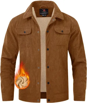 TBMPOY Men's Corduroy Jacket Sherpa Fleece Lined Jackets Warm Winter Trucker Work Casual Hiking Coat with 5 Pockets