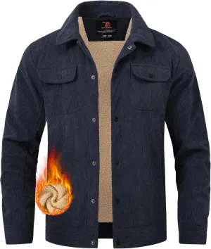 TBMPOY Men's Corduroy Jacket Sherpa Fleece Lined Jackets Warm Winter Trucker Work Casual Hiking Coat with 5 Pockets
