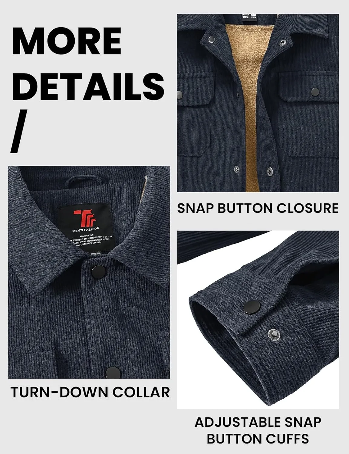 TBMPOY Men's Corduroy Jacket Sherpa Fleece Lined Jackets Warm Winter Trucker Work Casual Hiking Coat with 5 Pockets