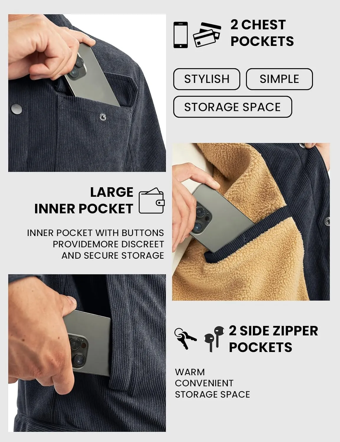 TBMPOY Men's Corduroy Jacket Sherpa Fleece Lined Jackets Warm Winter Trucker Work Casual Hiking Coat with 5 Pockets