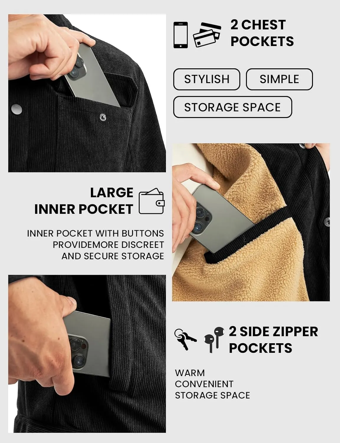 TBMPOY Men's Corduroy Jacket Sherpa Fleece Lined Jackets Warm Winter Trucker Work Casual Hiking Coat with 5 Pockets