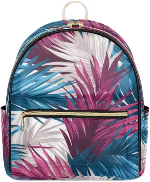 TropicalLife Blue Purple Palm Leaf Backpack Purse for Women PU Leather Lightweight Ladies Shoulder Fashion Satchel Bags Travel Casual Daypack