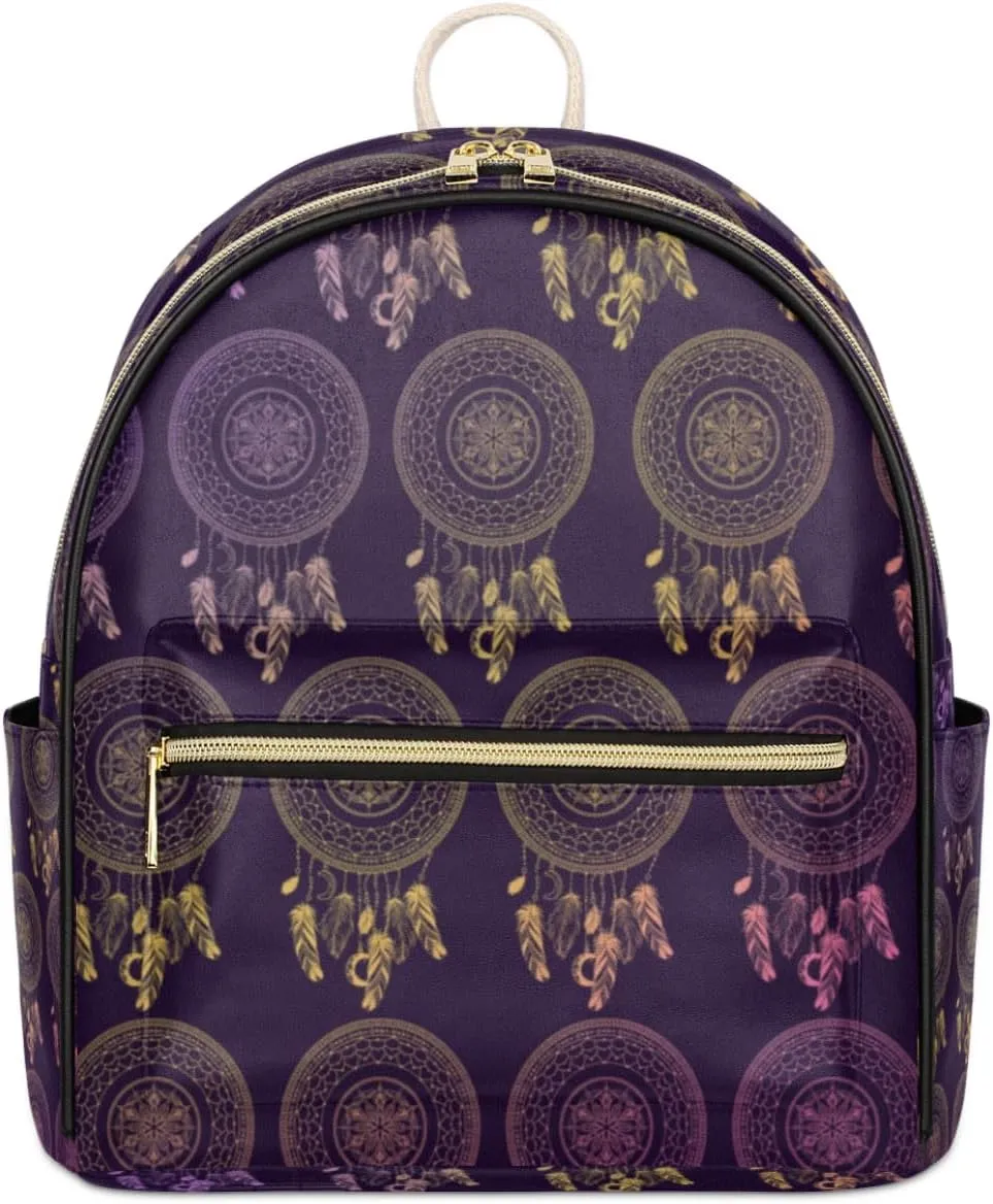 TropicalLife Dream Catcher Backpack Purse for Women PU Leather Lightweight Ladies Shoulder Fashion Satchel Bags Travel Casual Daypack Feather Boho Theme