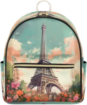TropicalLife Eiffel Tower And Flower Backpack Purse for Women PU Leather Lightweight Ladies Shoulder Fashion Satchel Bags Travel Casual Daypack Paris Theme