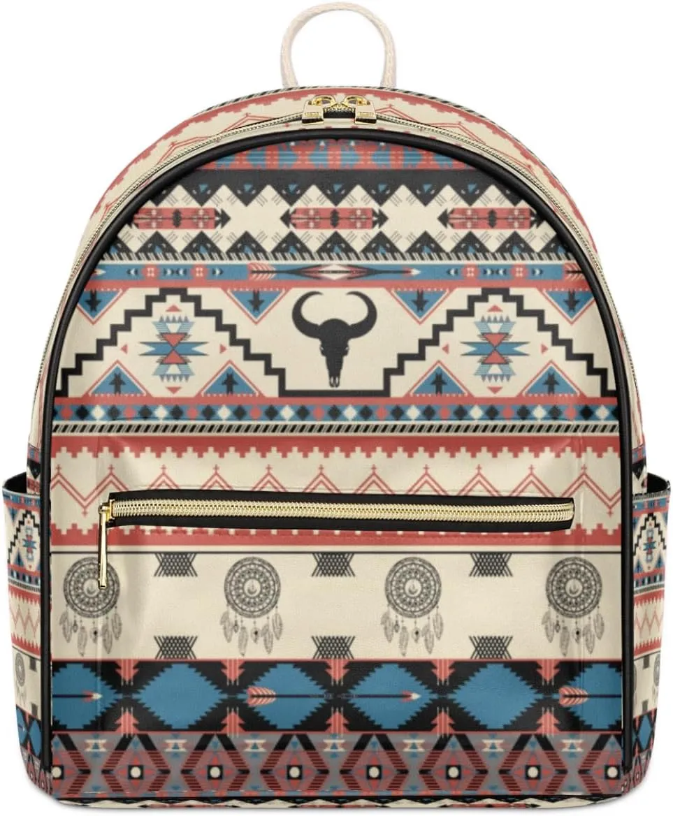 TropicalLife Ethnic Aztec Theme Backpack Purse for Women PU Leather Lightweight Ladies Shoulder Fashion Satchel Bags Travel Casual Daypack Aztec Geometric