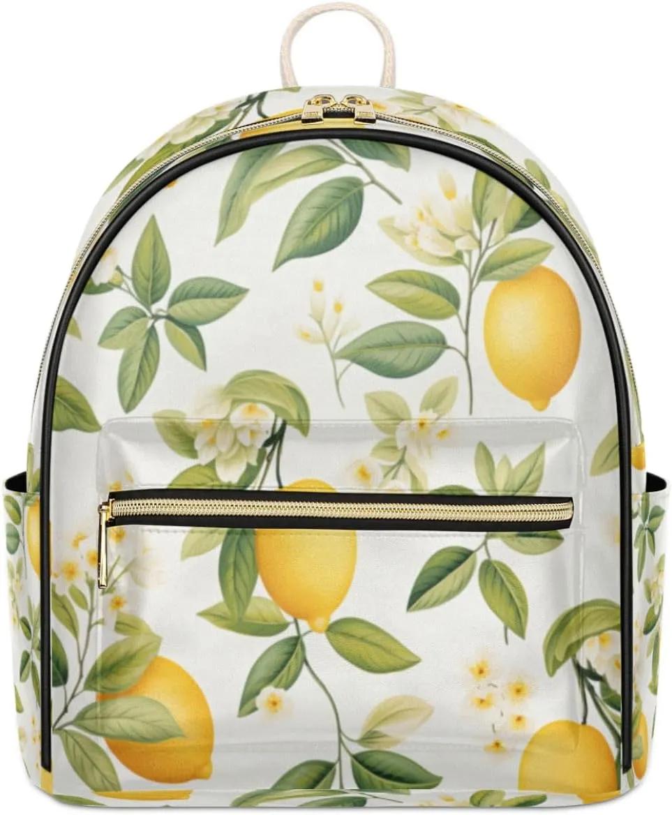 TropicalLife French Lemon Flower Backpack Purse for Women PU Leather Lightweight Ladies Shoulder Fashion Satchel Bags Travel Casual Daypack