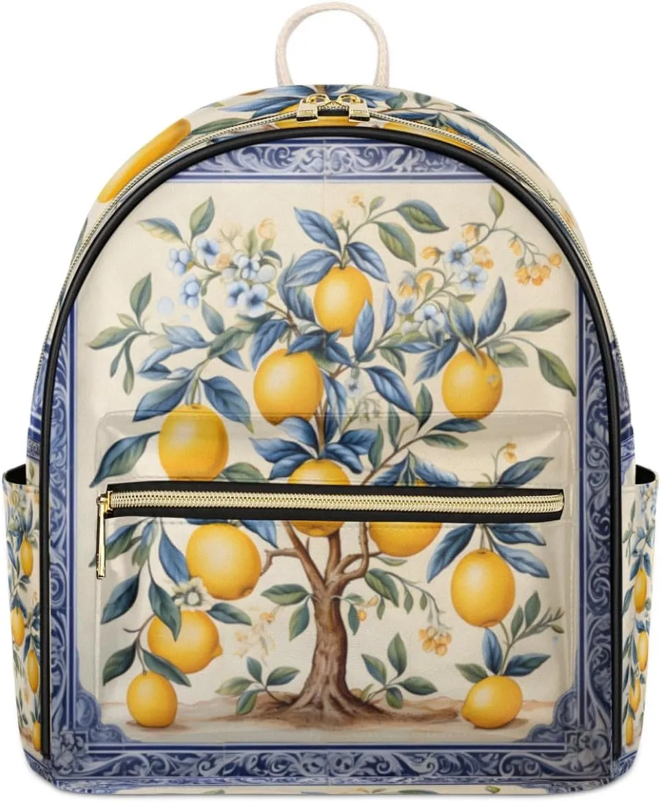 TropicalLife French Lemon Print Backpack Purse for Women PU Leather Lightweight Ladies Shoulder Fashion Satchel Bags Travel Casual Daypack