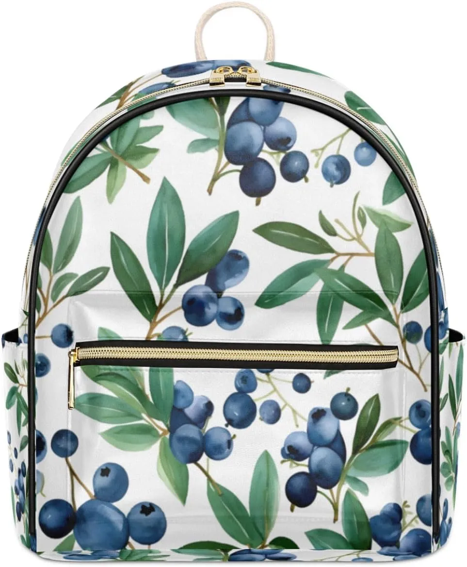 TropicalLife Fruits Blueberry Print Backpack Purse for Women PU Leather Lightweight Ladies Shoulder Fashion Satchel Bags Travel Casual Daypack