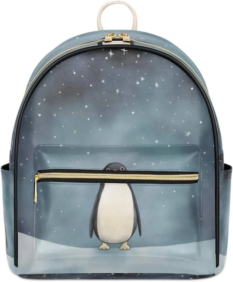 TropicalLife Galaxy Penguin Backpack Purse for Women PU Leather Lightweight Ladies Shoulder Fashion Satchel Bags Travel Casual Daypack