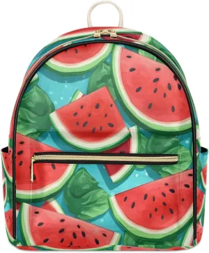 TropicalLife Green Leaves Summer Watermelon Backpack Purse for Women PU Leather Lightweight Ladies Shoulder Fashion Satchel Bags Travel Casual Daypack