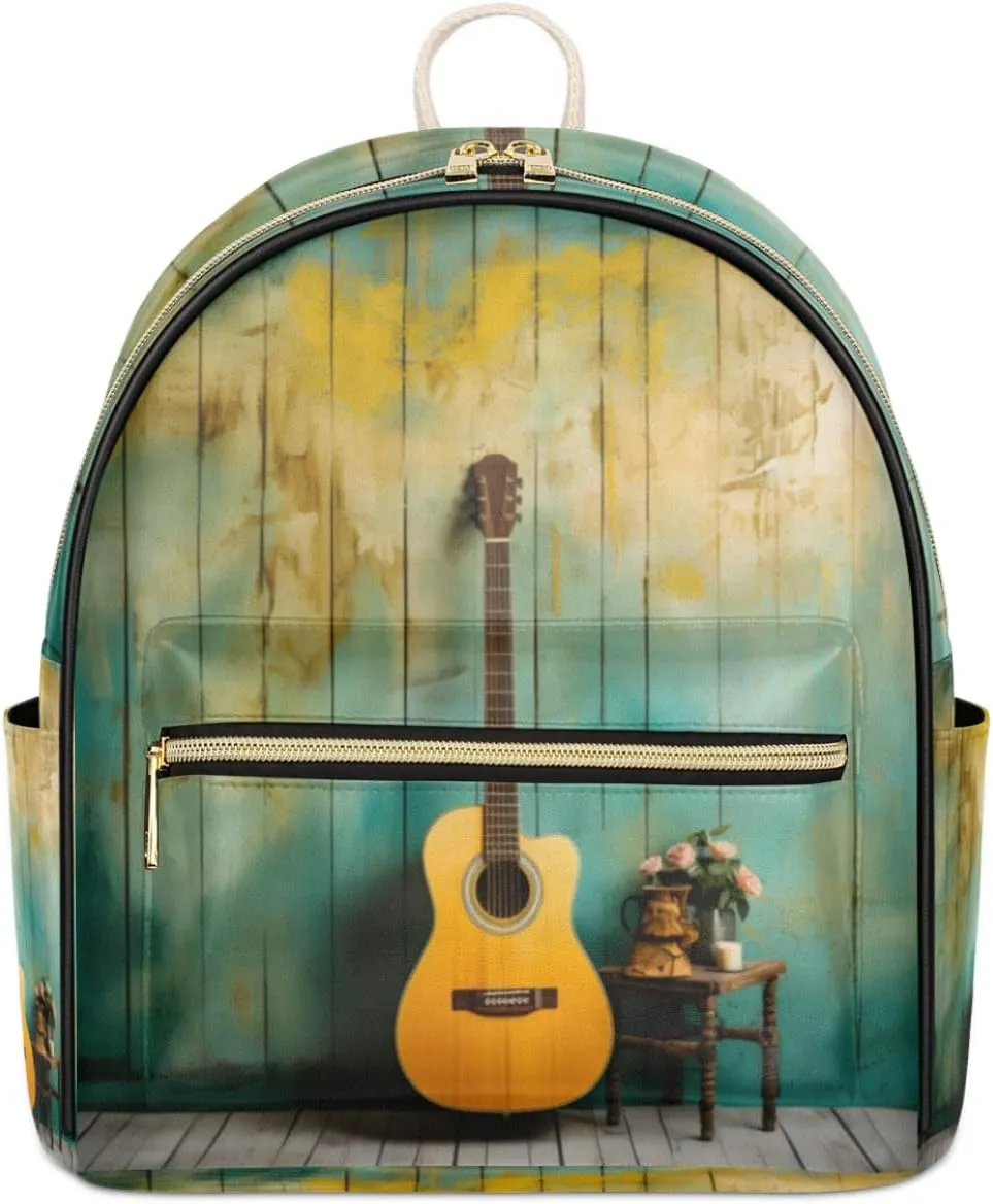 TropicalLife Guitar Print Backpack Purse for Women PU Leather Lightweight Ladies Shoulder Fashion Satchel Bags Travel Casual Daypack
