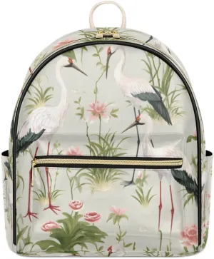TropicalLife Japanese Crane Print Backpack Purse for Women PU Leather Lightweight Ladies Shoulder Fashion Satchel Bags Travel Casual Daypack