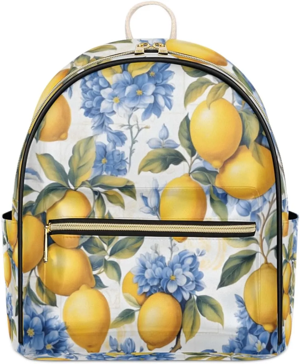 TropicalLife Lemon Leaves Plant Design Backpack Purse for Women PU Leather Lightweight Ladies Shoulder Fashion Satchel Bags Travel Casual Daypack