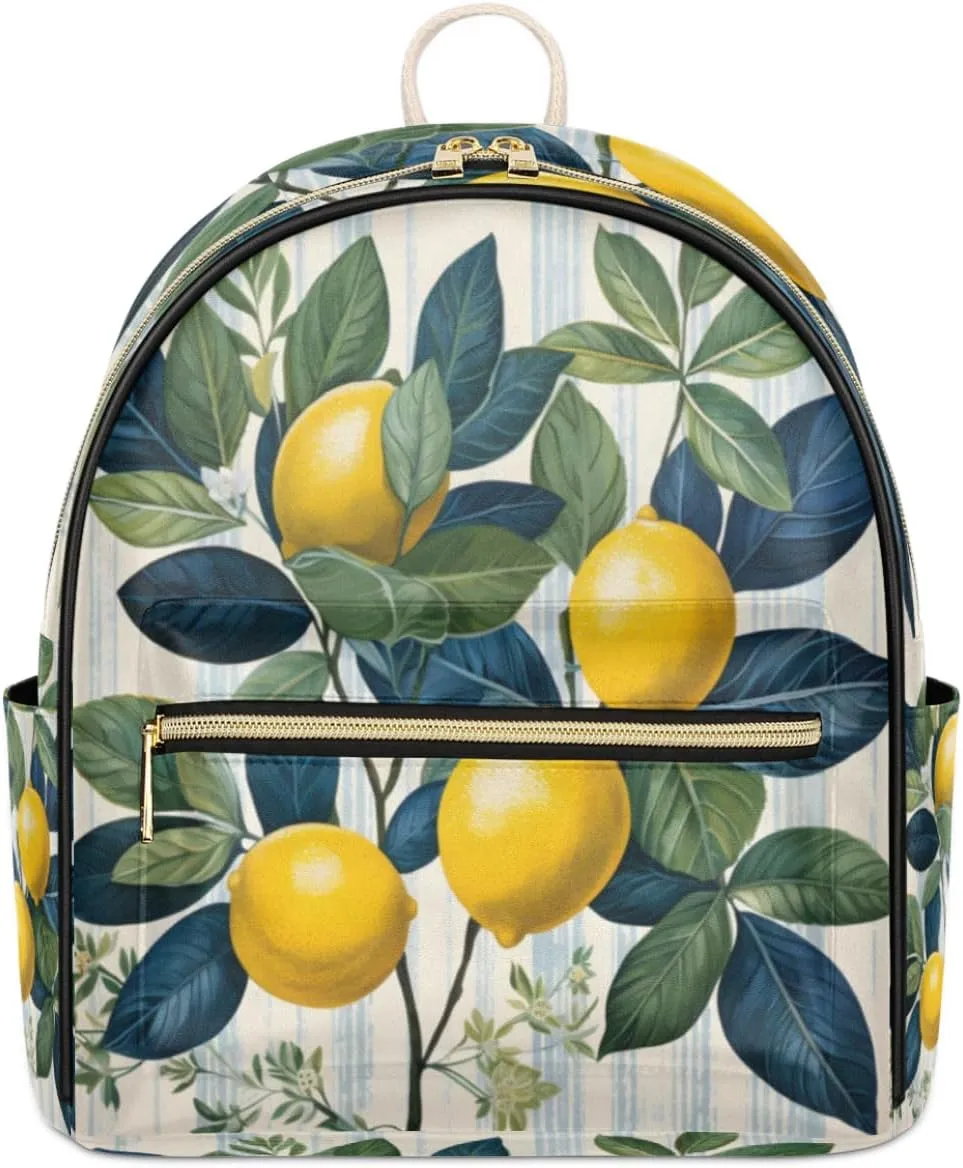 TropicalLife Lemons Leaves Backpack Purse for Women PU Leather Lightweight Ladies Shoulder Fashion Satchel Bags Travel Casual Daypack