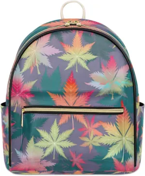 TropicalLife Marijuana Leaf Colorful Backpack Purse for Women PU Leather Lightweight Ladies Shoulder Fashion Satchel Bags Travel Casual Daypack