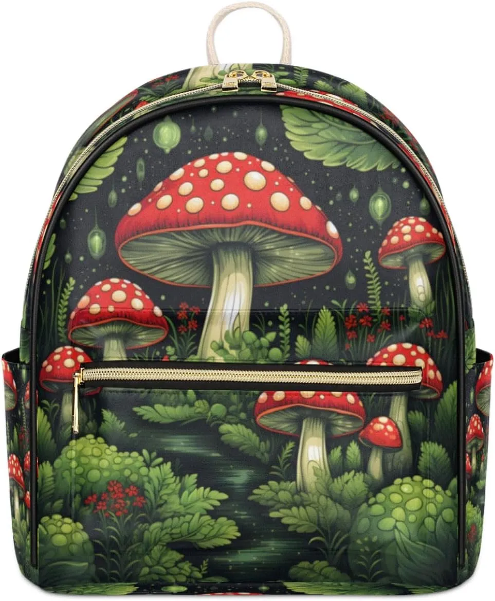 TropicalLife Mushrooms Forest Backpack Purse for Women PU Leather Lightweight Ladies Shoulder Fashion Satchel Bags Travel Casual Daypack