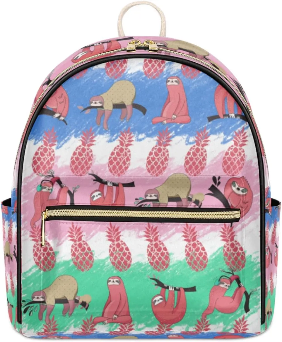 TropicalLife Sloth Backpack Purse for Women PU Leather Lightweight Ladies Shoulder Fashion Satchel Bags Travel Casual Daypack Cute Sloth Pineapple