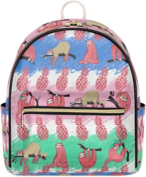 TropicalLife Sloth Backpack Purse for Women PU Leather Lightweight Ladies Shoulder Fashion Satchel Bags Travel Casual Daypack Cute Sloth Pineapple