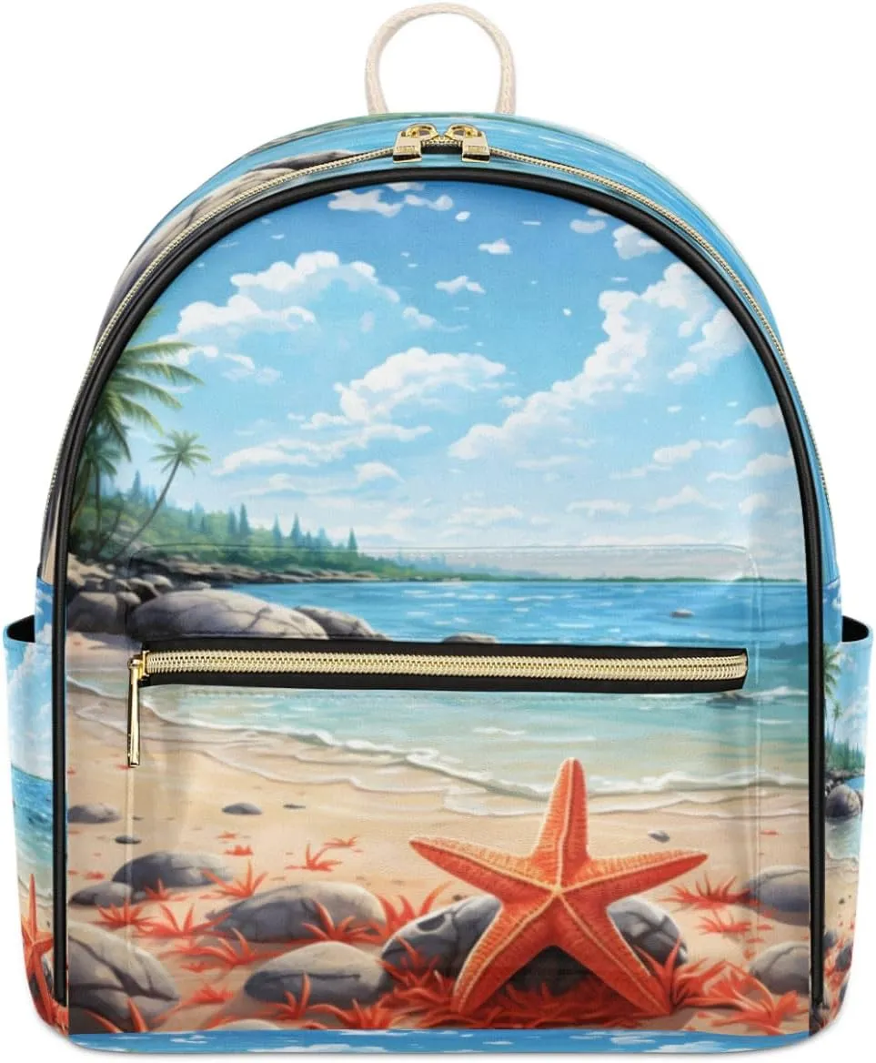 TropicalLife Starfish Beach Theme Backpack Purse for Women PU Leather Lightweight Ladies Shoulder Fashion Satchel Bags Travel Casual Daypack