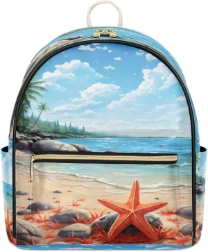 TropicalLife Starfish Beach Theme Backpack Purse for Women PU Leather Lightweight Ladies Shoulder Fashion Satchel Bags Travel Casual Daypack