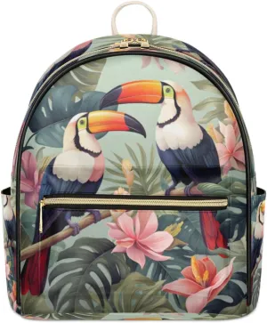 TropicalLife Toucan Palm Leaves Backpack Purse for Women PU Leather Lightweight Ladies Shoulder Fashion Satchel Bags Travel Casual Daypack