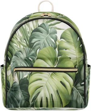 TropicalLife Tropical Leaves Palm Leaf Backpack Purse for Women PU Leather Lightweight Ladies Shoulder Fashion Satchel Bags Travel Casual Daypack