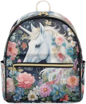 TropicalLife Unicorn Flower Backpack Purse for Women PU Leather Lightweight Ladies Shoulder Fashion Satchel Bags Travel Casual Daypack