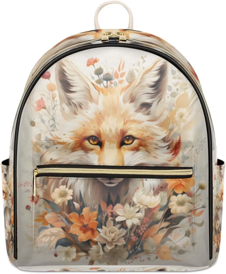 TropicalLife Vintage Fox Flower Backpack Purse for Women PU Leather Lightweight Ladies Shoulder Fashion Satchel Bags Travel Casual Daypack