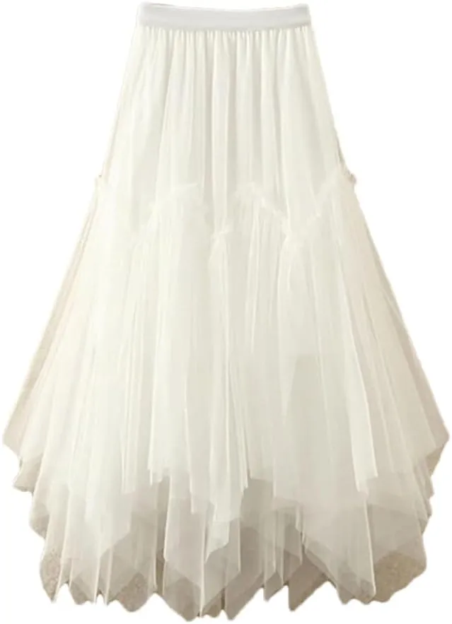 Tulle Long Skirt for Women Irregular Hem High Waist Pleated Mesh Midi Skirt Female