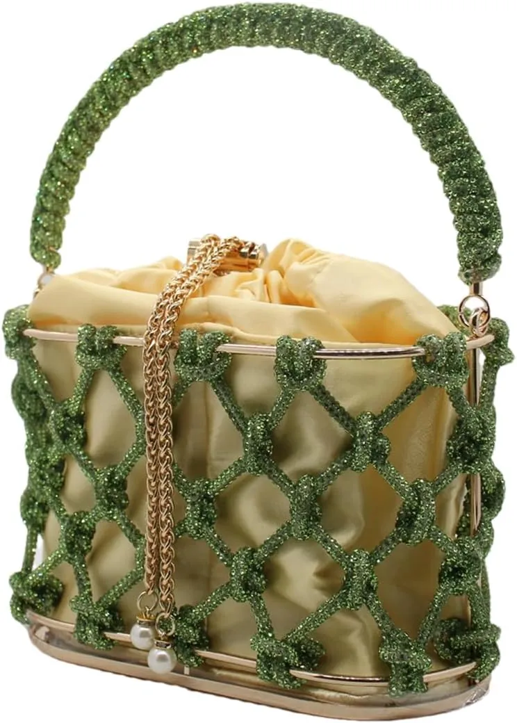 UMREN Women Rhinestone Evening Clutch Sparkly Top-Handle Bucket Bag Crystal Handbag Crossbody Bag for Cocktail Party Prom