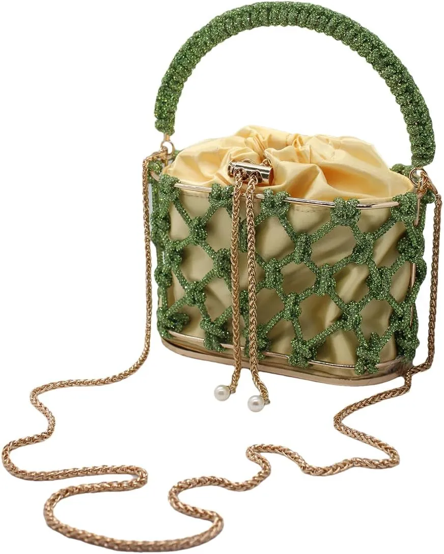 UMREN Women Rhinestone Evening Clutch Sparkly Top-Handle Bucket Bag Crystal Handbag Crossbody Bag for Cocktail Party Prom
